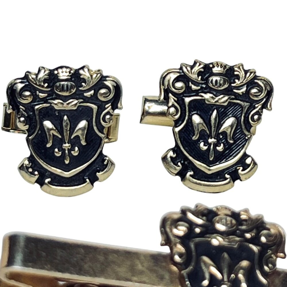 Vintage Gold Tone W/ Black Enamel Fleur Di Lis Tie Bar And Cufflinks Set (6057) - Picture 2 of 5